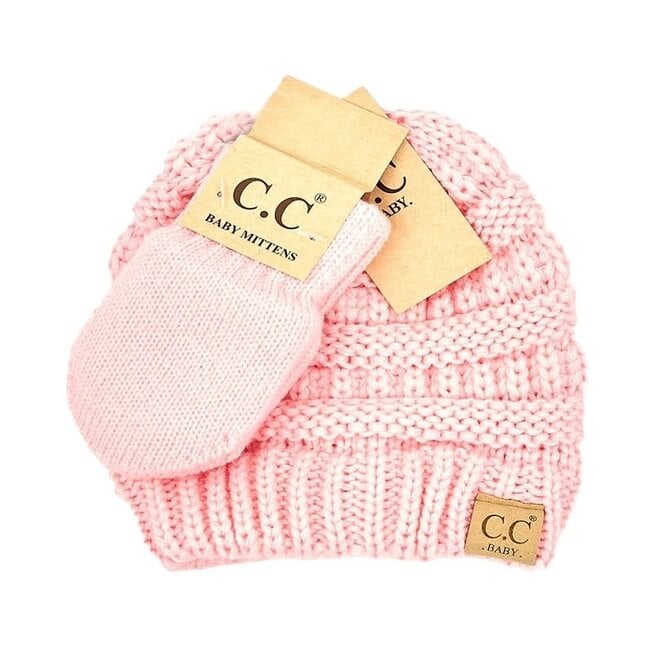 Baby Ribbed Beanie & Mitten Glove Pale Pink 0-9M