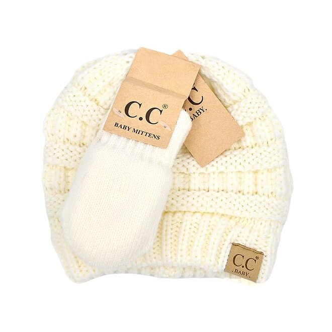 Baby Ribbed Beanie & Mitten Glove Ivory 0-9M