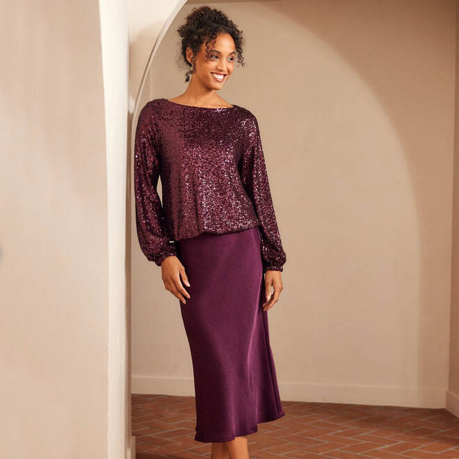 Skirt Satin Bias Cut Midi Eggplant