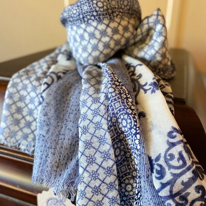 Wool Scarf Mixed Print Navy