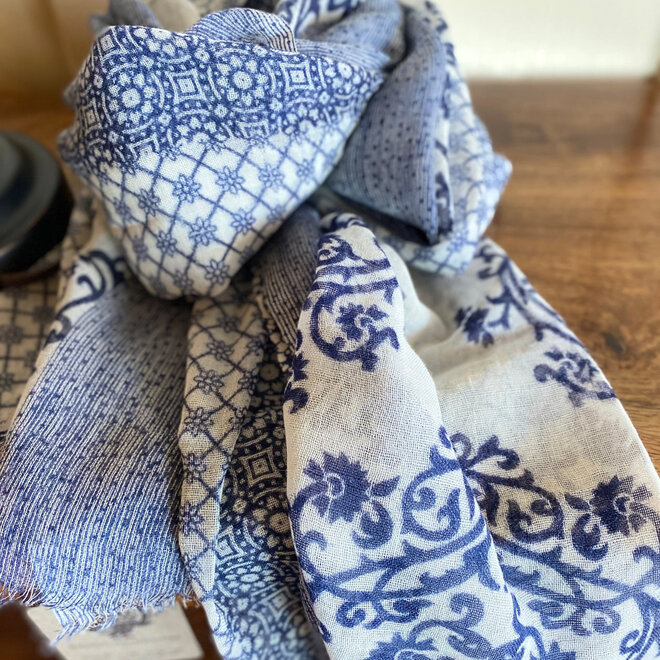 Wool Scarf Mixed Print Navy