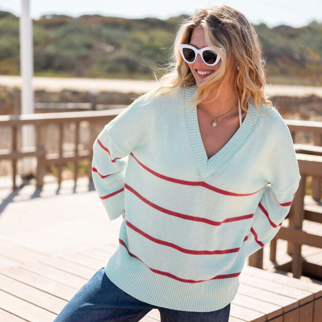 Sweater Montauk V-neck Blue & Orange Stripe OS