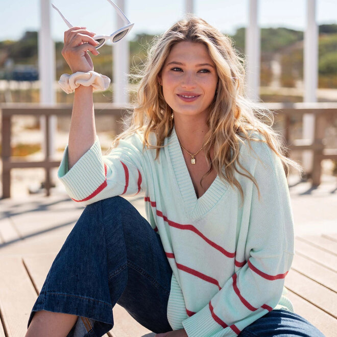 Sweater Montauk V-neck Blue & Orange Stripe OS