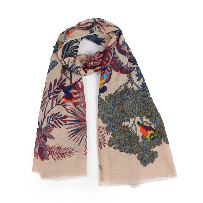 Wool Scarf Embroidered Woodland Vanilla