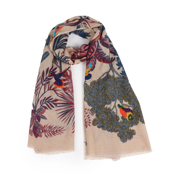 Wool Scarf Embroidered Woodland Vanilla