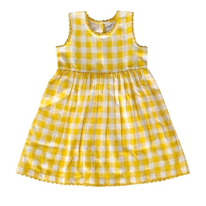 Dress Yellow Checks Fit & Flare with Lace Finish