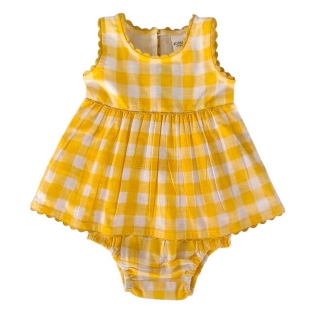 Dress Yellow Checks Fit & Flare with Lace Finish