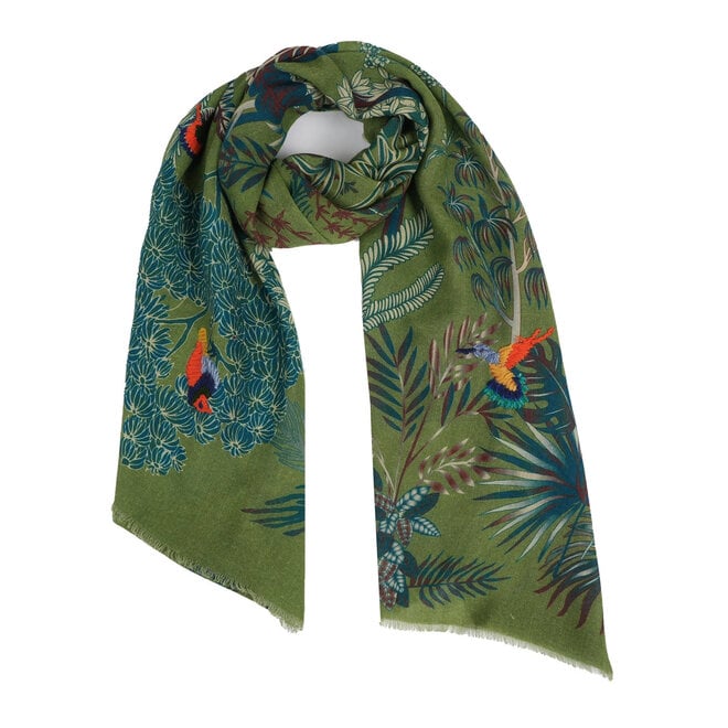 Wool Scarf Embroidered Woodland  Green
