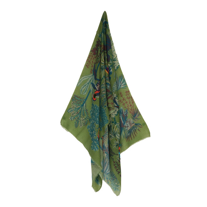 Wool Scarf Embroidered Woodland  Green