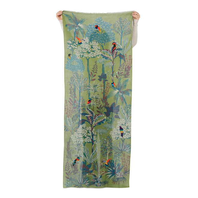 Wool Scarf Embroidered Woodland  Green