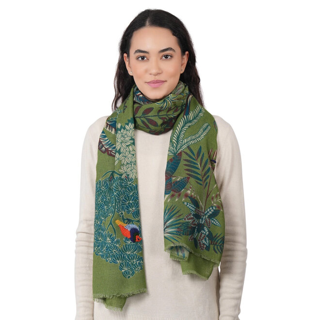 Wool Scarf Embroidered Woodland  Green