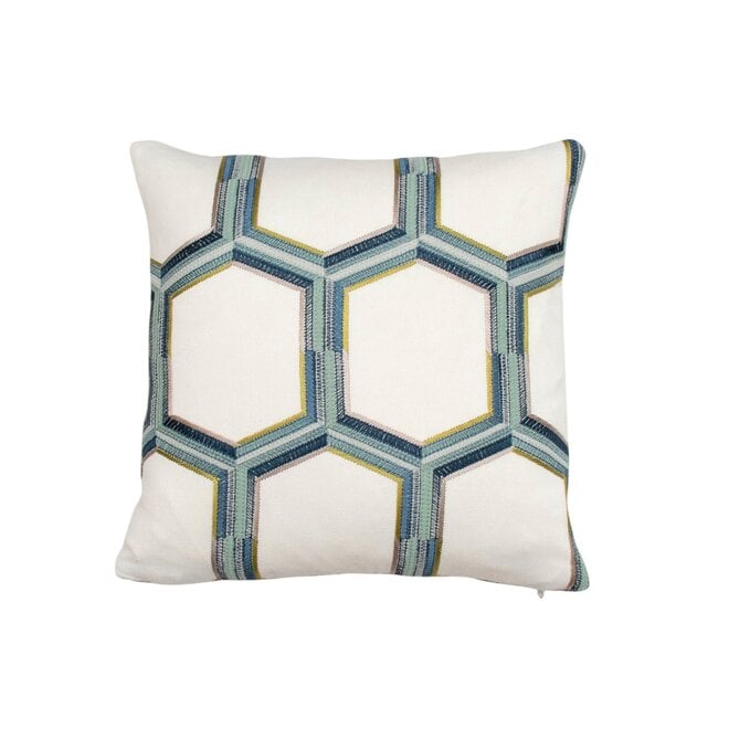 Pillow Embroidered Hexagon in Blues 15 x 15in