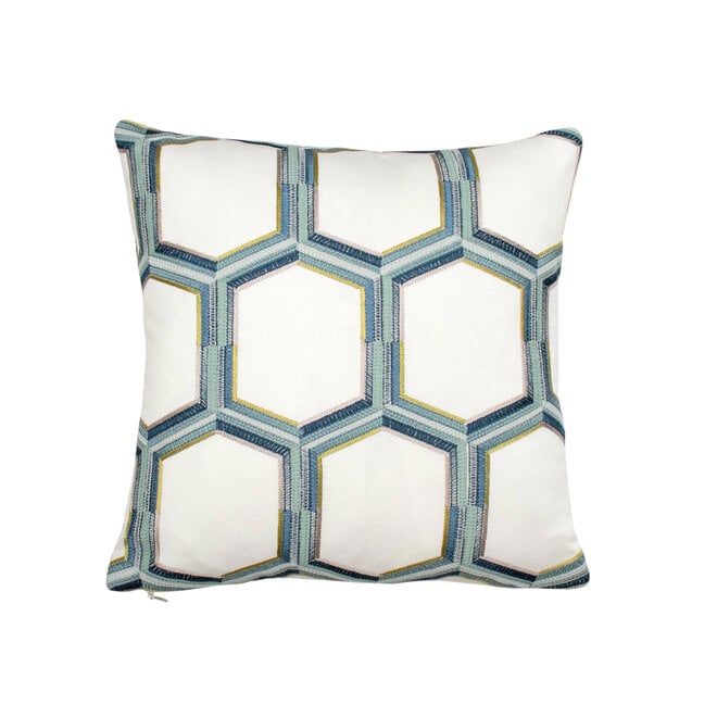 Pillow Embroidered Hexagon in Blues 16 x 16in