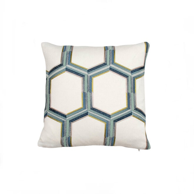 Mini Pillow Embroidered Hexagon in Blues 12 x 12in
