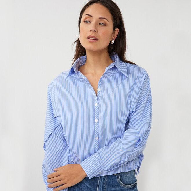 Blouse Striped Cropped Batwing Blue & White