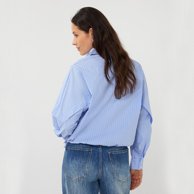 Blouse Striped Cropped Batwing Blue & White