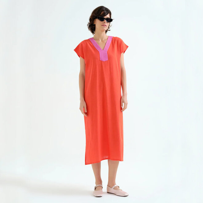 Kaftan Orange with Pink Neckline