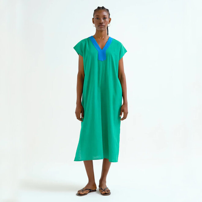 Kaftan Green with Blue Neckline