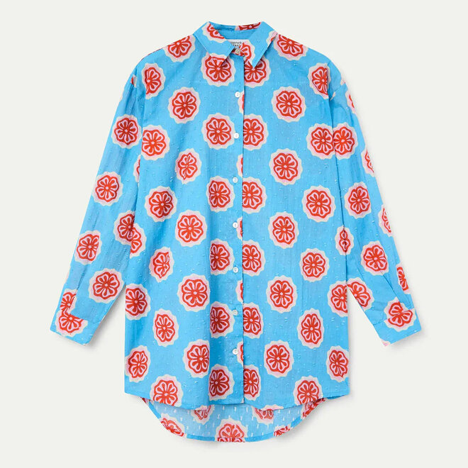 Shirt Blue with Red Bloom Flowers Print