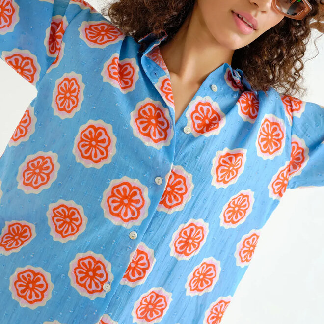 Shirt Blue with Red Bloom Flowers Print