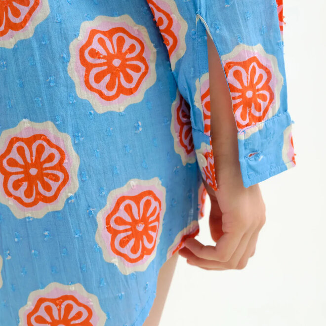 Shirt Blue with Red Bloom Flowers Print