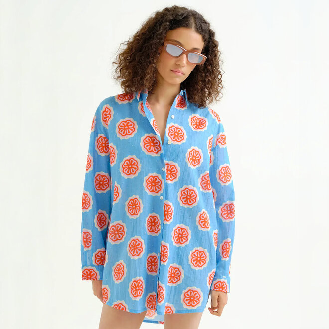 Shirt Blue with Red Bloom Flowers Print