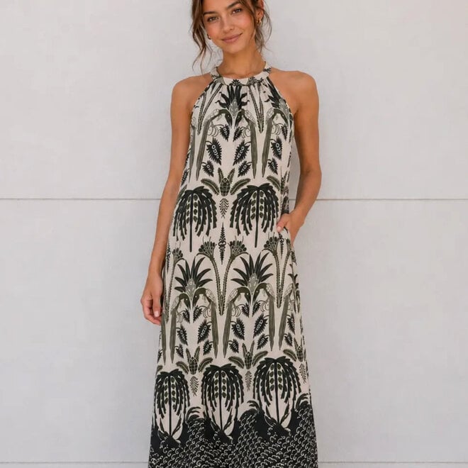 Maxi Dress Botanical Halter Khaki