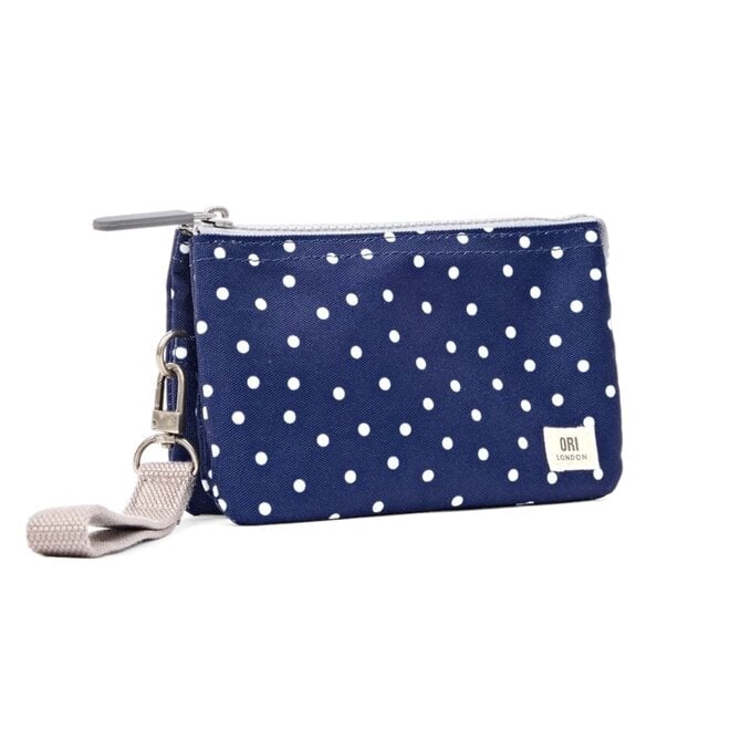 Carnaby Wallet Medium Navy Polka Dot with Wrist Strap