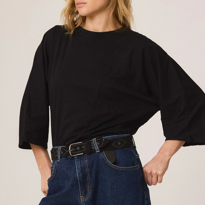 Leather Belt Embroidered Black