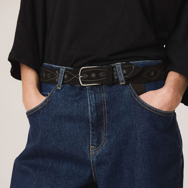 Leather Belt Embroidered Black
