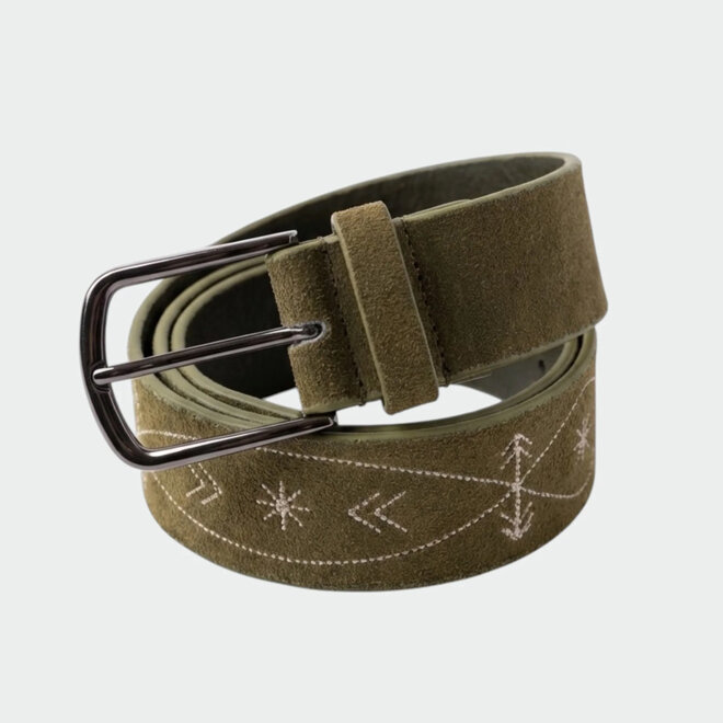 Leather Belt Embroidered Safari Green
