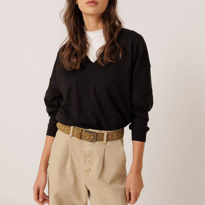 Leather Belt Embroidered Safari Green
