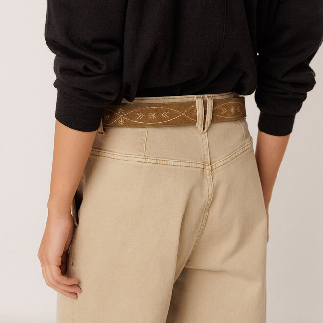 Leather Belt Embroidered Safari Green