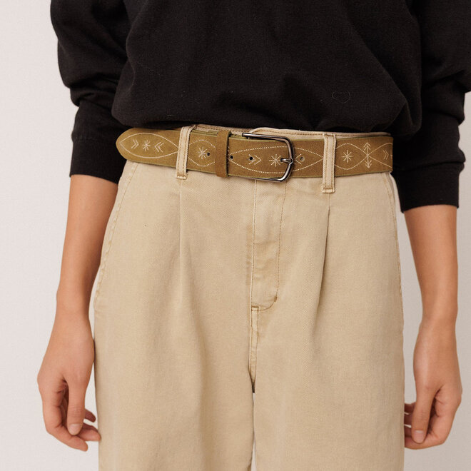 Leather Belt Embroidered Safari Green