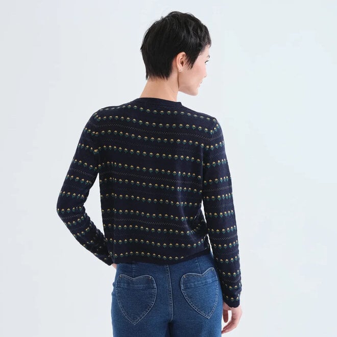 Cardigan Navy Blue with Embroidered Flowers