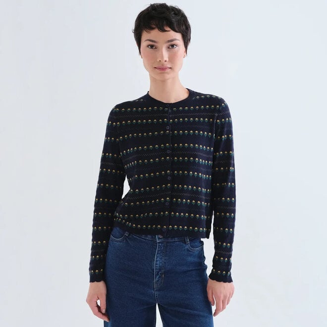 Cardigan Navy Blue with Embroidered Flowers