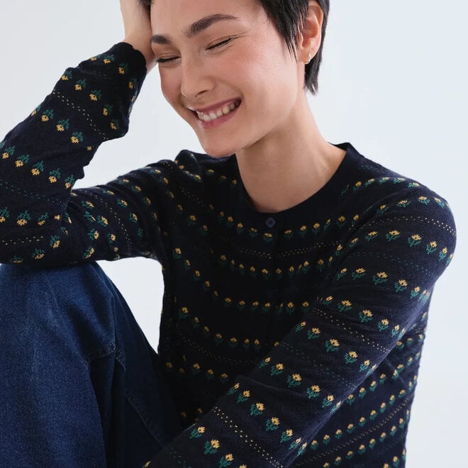 Cardigan Navy Blue with Embroidered Flowers