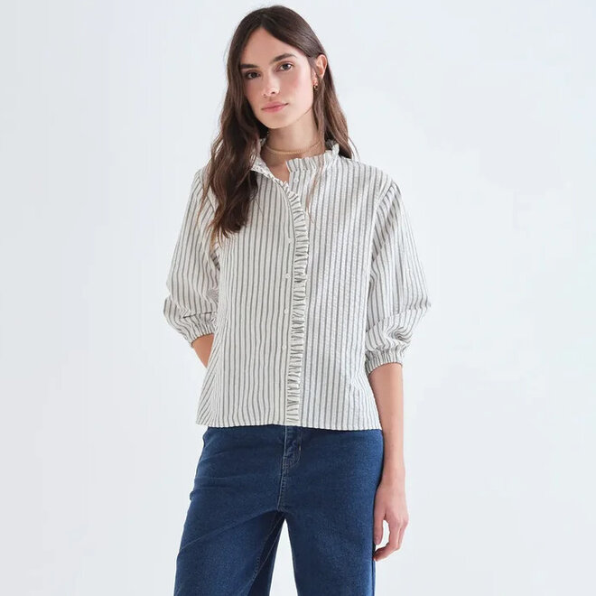 Shirt Striped Black with Ruffle Detail