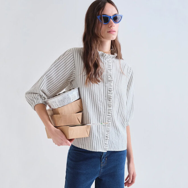 Shirt Striped Black with Ruffle Detail