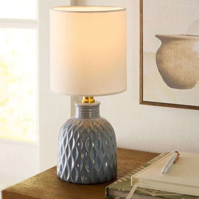 Mini Table Lamp with Shade Ceramic Patterned Blue 12.5"