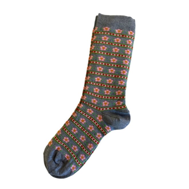 Alpaca & Bamboo Socks Blossom Floral Stripe Grey