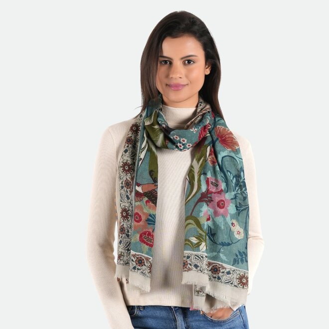 Wool Scarf Floral Garden Teal