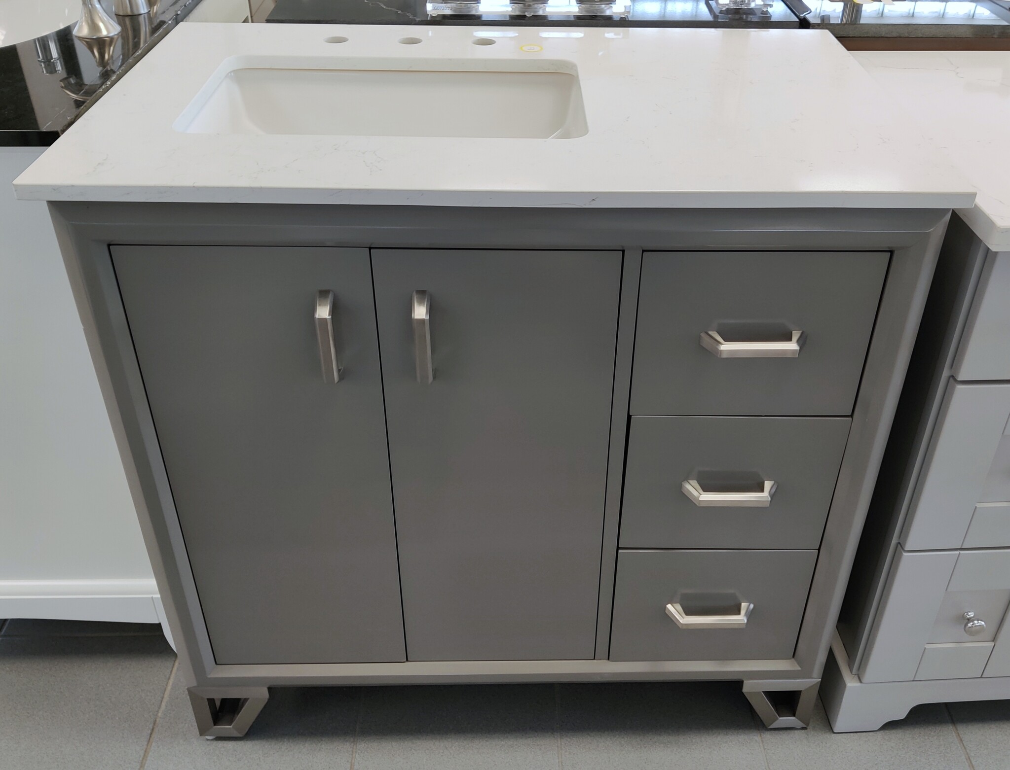 Fairmont Design's - Revival - 36'' Glossy Med Gray + quartz top W/sink - Clearance Display