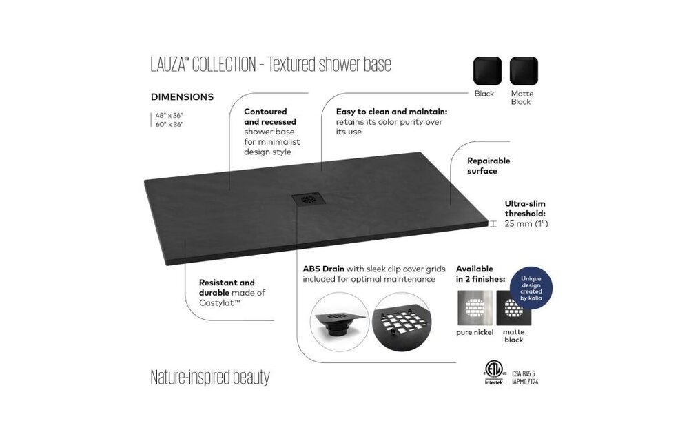 KALIA - LAUZA 60x36 Rectangular Castylat™ Shower Base 60x36 Textured Black (Aluminium Tiling Flange Kit Included)