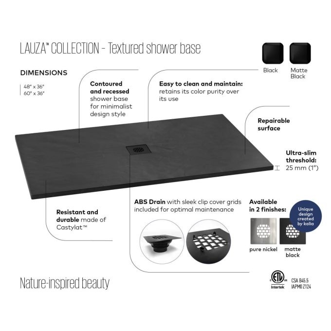 KALIA - LAUZA 60x36 Rectangular Castylat™ Shower Base 60x36 Textured Black (Aluminium Tiling Flange Kit Included)