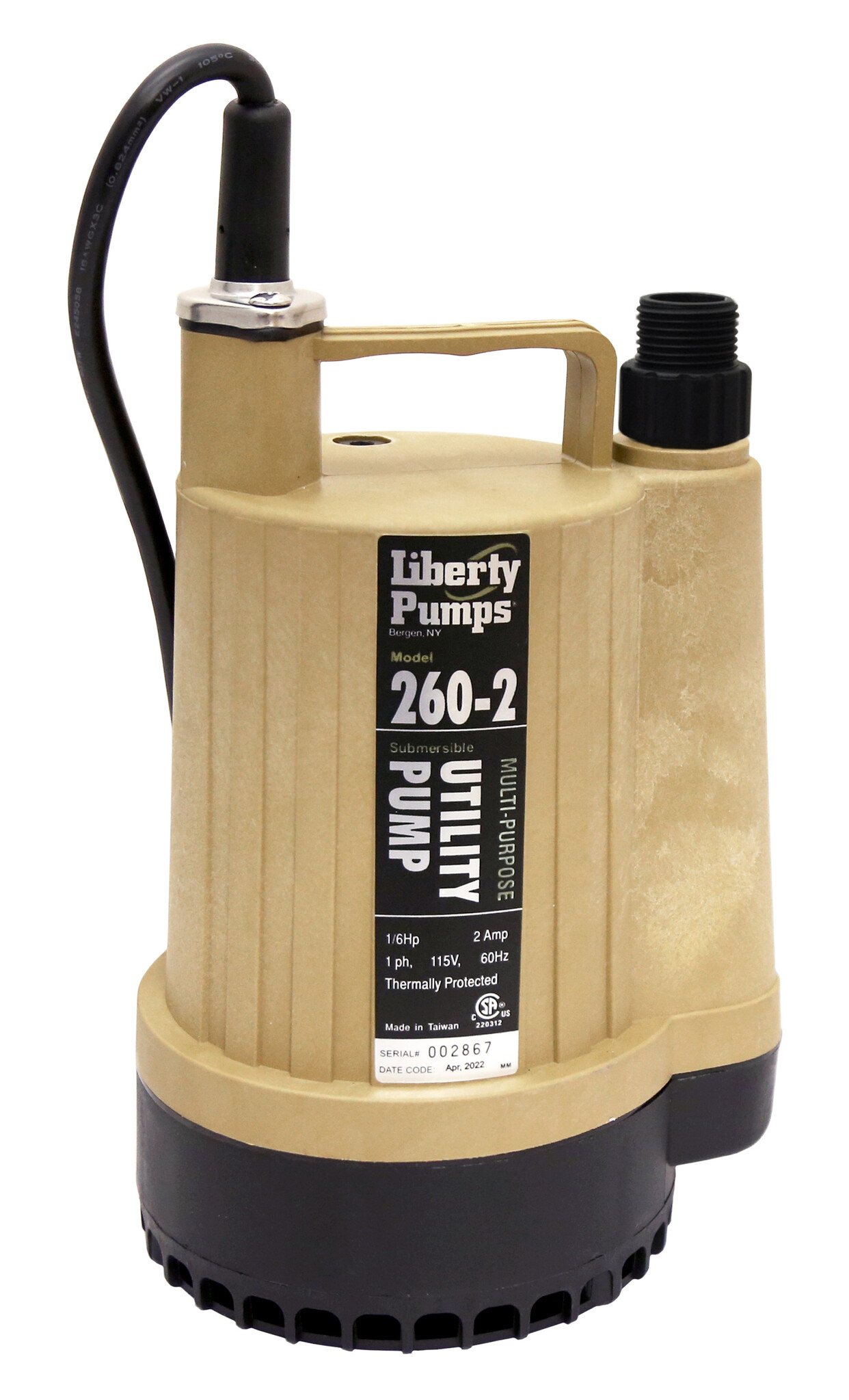 Liberty Pumps - 1/6 hp, Utility Pump, manual, 115V, garden hose connection, 10' cord - 260