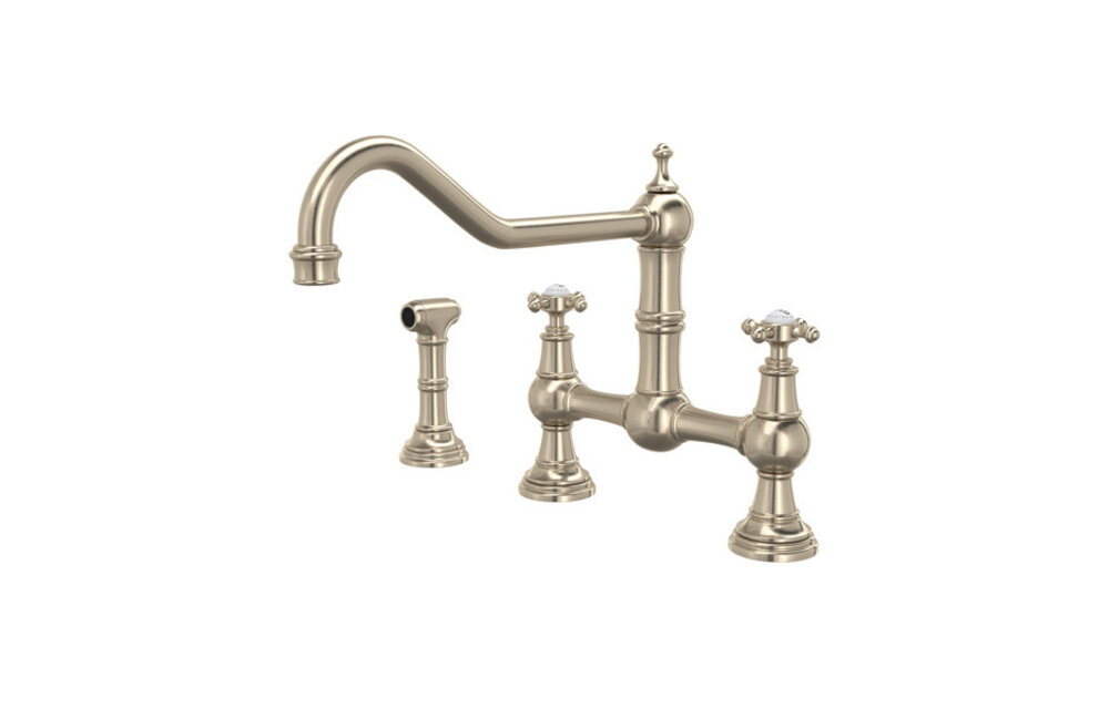 Perrin & Rowe - Edwardian™ Extended Spout Bridge Kitchen Faucet With Side Spray - Satin Nickel - U.4763X-STN-2
