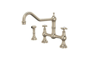 Perrin & Rowe - Edwardianâ„¢ Extended Spout Bridge Kitchen Faucet With Side Spray - Satin Nickel - U.4763X-STN-2