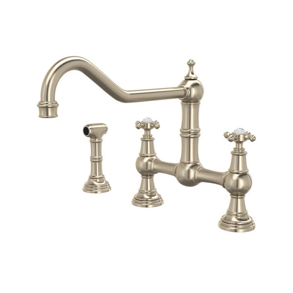 Perrin & Rowe - Edwardian™ Extended Spout Bridge Kitchen Faucet With Side Spray - Satin Nickel - U.4763X-STN-2