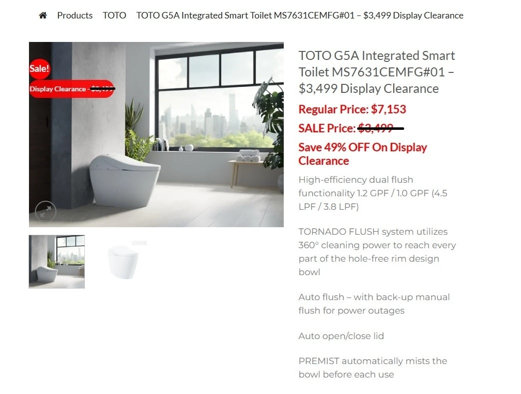 TOTO - G5A WASHLET INTEGRATED TOILET  - Clearance Display